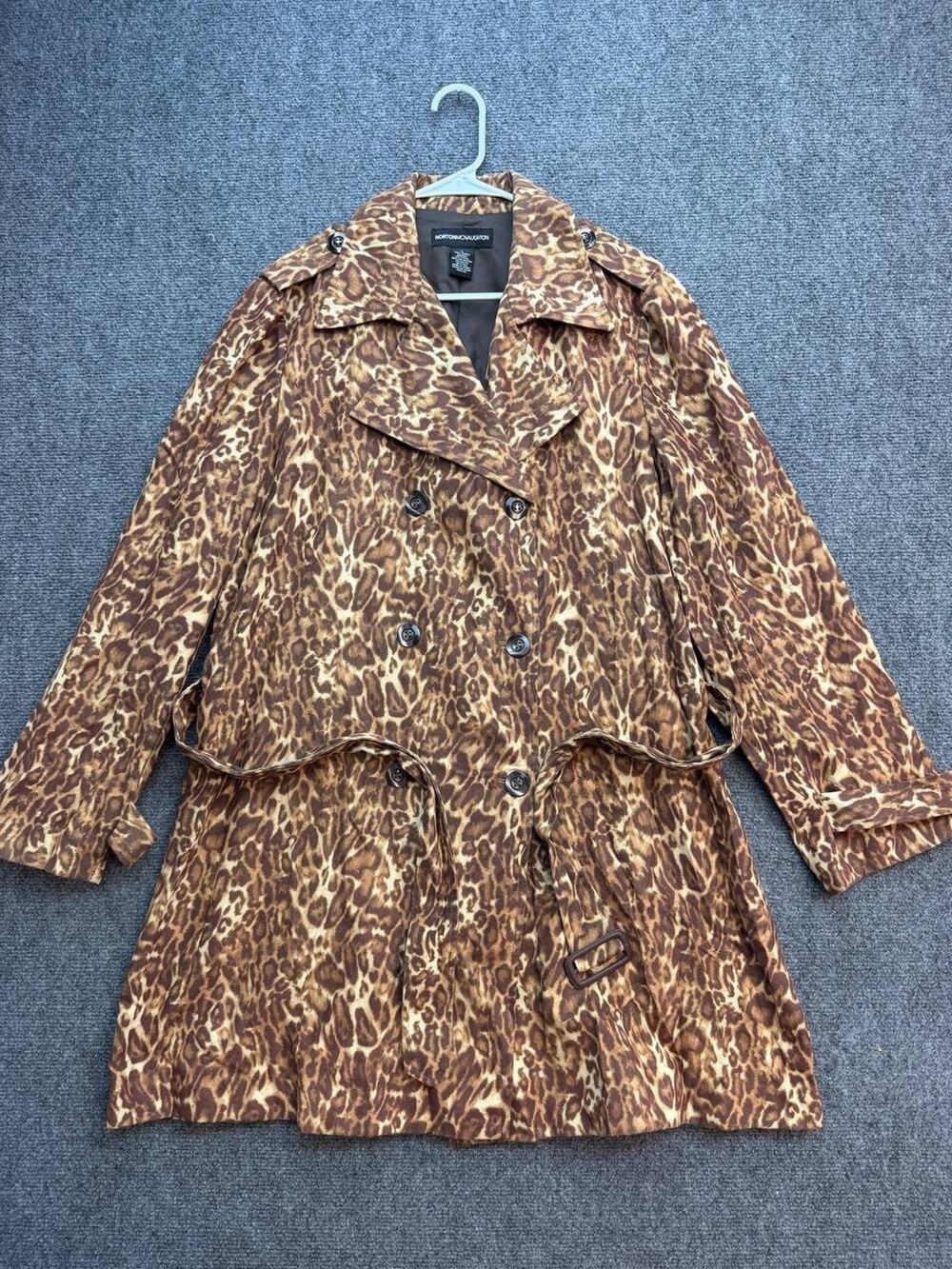 Norton McNaughton Womens L Leopard Print Faux Suede Trench Coat Belted Jacket